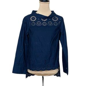 NWT J Crew Mock Neck Eyelet High Low Blouse in Navy (D-1)
